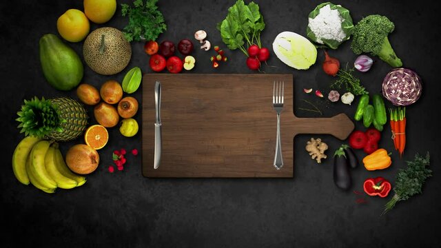 Cooking Intro With Blank Chopping Board With Fork and Knife I Apple Pro-res 4444 Transparent Alpha Channel, Can be used in cooking show program Title, Opener graphics, and package, etc.