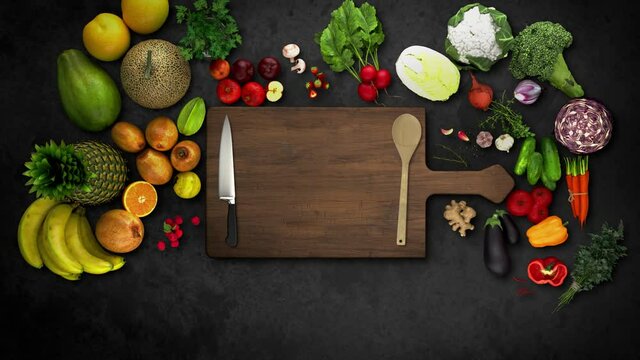 Cooking Intro With Blank Chopping Board With Knife and Cooking Spoon I Apple Pro-res 4444 Transparent Alpha Channel, Can be used in cooking show program Title, Opener graphics, and package, etc.