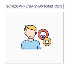 Negative symptoms color icon.Emotional expression lack. Inexpressive face,lack of eye contact, restricted facial expressions.Schizophrenia symptoms concept. Isolated vector illustration