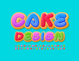 Vector colorful emblem Cake Design. Delicious Donut Font. Creative Alphabet Letters and Numbers set