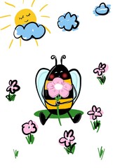 A funny bee sits in a clearing with flowers and holds a flower. Summer time, sunshine, sky.