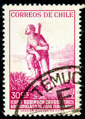 stamp printed in Chile shows Robinson Crusoe, Juan Fernandez Archipelago, - obrazy, fototapety, plakaty