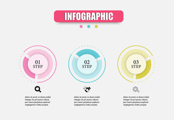 Circles infographic vector design template for illustration 3 steps. Business infographic template with three elements. Can use timeline for workflow diagram, annual report, presentation, web design.