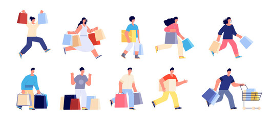 Flat shopping persons. Shop couple, people with cart and purchase. Woman man holding bags box, isolated discount buyers utter vector characters