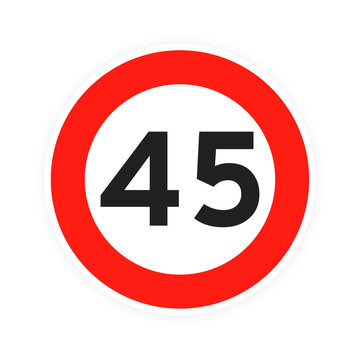 Speed limit 45 round road traffic icon sign flat style design vector illustration isolated on white background. Circle standard road sign with number 45 kmh.