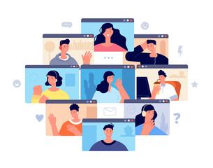 Video call concept. Virtual messages, conference working mobility. Online chatting meeting communication. People networking utter vector set
