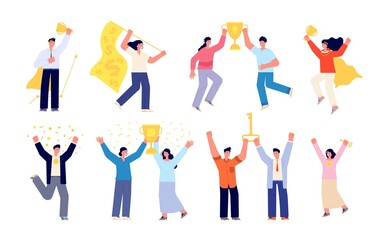 People with trophy. Office reward, success celebration teamwork. Employee winning, flat victory person group, business award utter vector set