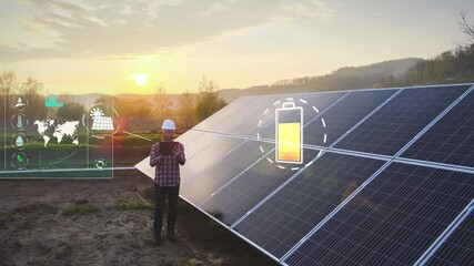 Engineer working on a tablet, inspecting solar cell data levels - 3d animation - Powered by Adobe