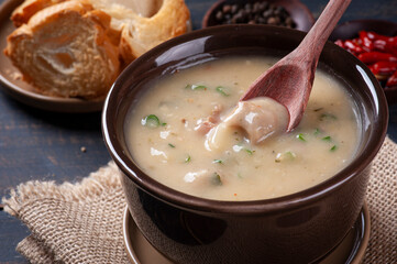 Delicious dish of Brazilian cuisine called Caldo de Mandioca. Made with cassava and meat