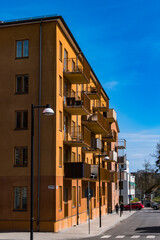 Fototapeta na wymiar Stockholm, Sweden A newly built modern housing complex in the Solna suburb.