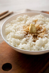 Homemade Japanese Butter Sauce Rice, side view. Close-up.