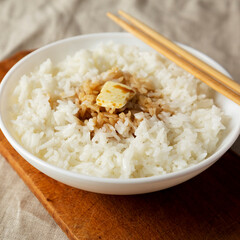 Homemade Japanese Butter Sauce Rice, side view. Close-up.
