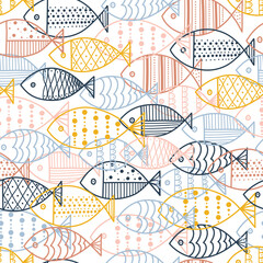 Cute line fish. Vector seamless pattern. Endless pattern can be used for ceramic tile, wallpaper, linoleum, textile, web page background