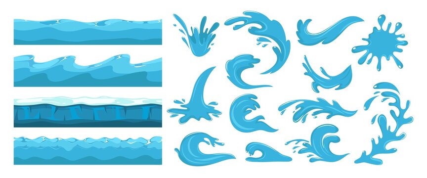 Blue ocean waves. Sea wave, water surface seamless pattern. Cartoon splash, power of waters. Nature, travel or beach journey vector set design elements