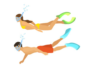 man and woman snorkeling. isolated vector illustration
