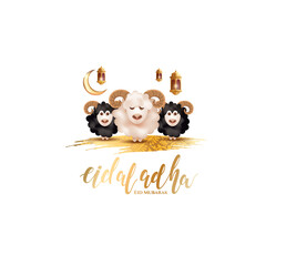 Eid al-Adha vector illustration. Muslim holiday Eid al-Adha. sacrifice ram white and black sheep. graphic design decoration kurban bayrami. month lamb and lamp.Translation from Arabic: Eid al-Adha