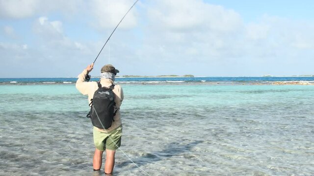saltwater  fly fisherman cath bonefish fight.