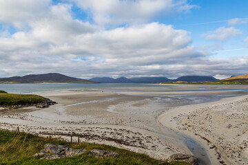 Looking down at the vast sandy Seilebost Beach on the Hebridean Island of Harris