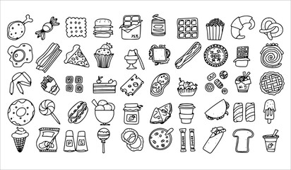 Doodle food set of 50 various fast-food products. Hand-drawn sweets, desserts, snacks, popcorn, American food and English breakfast. A big set of cartoon food illustrations.