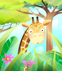 Cute baby giraffe in savannah nature with grass, leaves and trees. Colorful wildlife illustration for kids nursery room print or greeting card design. Vector cartoon in watercolor style.