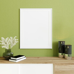 Fototapeta premium Poster frame mockup in modern interior background, green wall with wooden console, 3d render