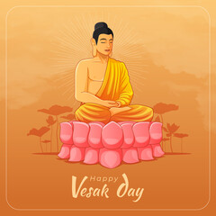 Happy Vesak day greeting card with meditating buddha