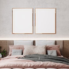 Two blank poster frame mockup in beige bedroom interior, 3d render