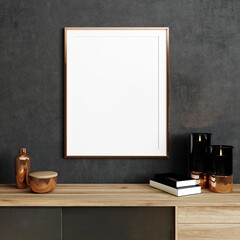 mock up blank poster frame in black modern interior with stylish decoration, frame in luxury and contemporary interior, 3d rendering