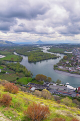 Naklejka premium Albania, Shkoder city. Beautiful view of Bojana (Buna) river from ancient fortress of Rozafa Castle