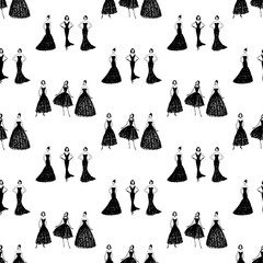 Seamless pattern of silhouettes slim women in evening gowns