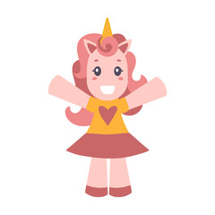 A cute pink unicorn greets with open arms and smiling broadly. Vector illustration in flat style