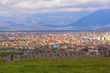 Fototapeta na wymiar Albania. Beautiful view of Shkoder city from ancient fortress of Rozafa Castle