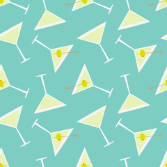 Martini cocktail in glasses vector cartoon style seamless pattern background for party design.