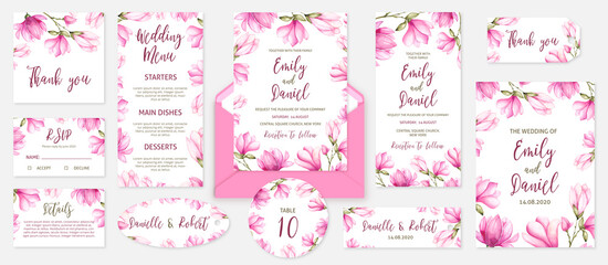 Wedding suite template with pink wreath flowers. Save the date card, invitation card, wedding menu, response card and thank you card.