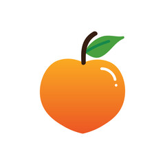 Peach fruit with green leaf cute cartoon style vector illustration, icon.
