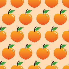 Peach fruits with green leaves cute cartoon style vector seamless pattern background.
