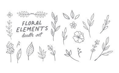 Hand drawn floral elements. Swirls, laurels, arrows, leaves, flowers and branches. Doodle botanical elements.