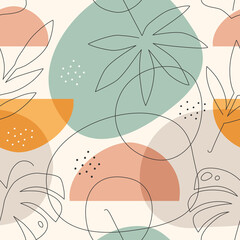 Seamless pattern with line art drawing tropical leaves and abstract shapes. Collage style. 
