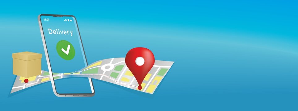 Order and delivery concept banner. Parcel delivery, shortest way to customer. Vector illustration. EPS10.