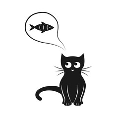 Cat and fish, black silhouette, vector illustration.