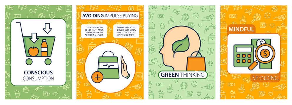 Mindful spendings brochure. Conscious buying, not impulse buying, green thinking template. Flyer, magazine, poster, booklet.Buying fewer infographic concept.Layouts illustrations pages with icons
