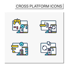 Cross platform color icons set. Programming environment. Playing, multiplayer, design, files syncing. Digitalization concept. Isolated vector illustration