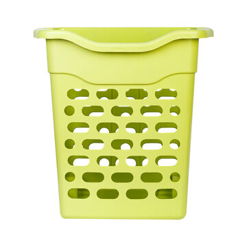 Empty Green Plastic Laundry Basket Isolated On White Background