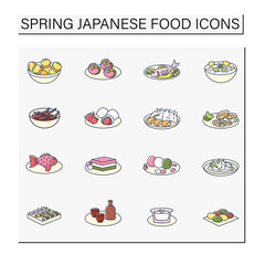 Japanese food color icons. Spring delicates. Tradition meal. Isolated vector illustrations.Editable stroke