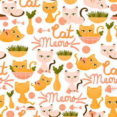 Seamless pattern with red and light beige cat in differenet poses with fish or clew, house palnts and cat meow lettering