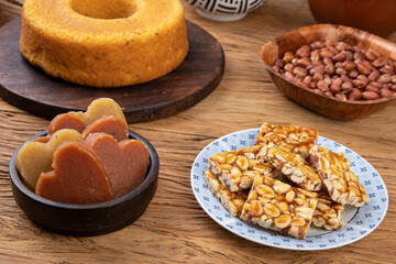 Typical brazilian june festival food. Corn cake, peanut candy, potato sweet