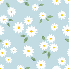 Seamless pattern with chamomiles on blue background vector illustration. Cute floral print.