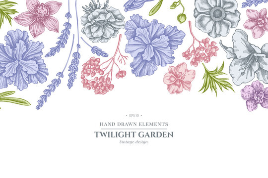 Floral design with pastel anemone, lavender, rosemary everlasting, phalaenopsis, lily, iris