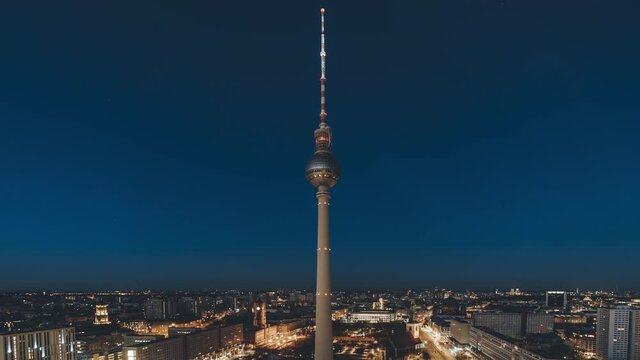 Berlin aerial drone Timelapse sunrise sunset 4k Video clip of TV Tower and Mitte central area. Night to Day Transition. Time Lapse of Berlin with Alexanderplatz and beautiful city lights.