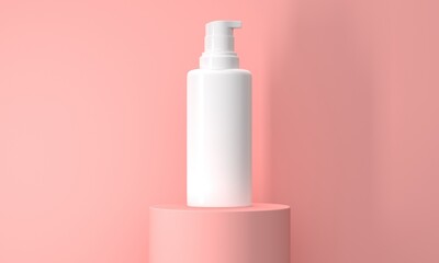 Mockup of an empty bottle for cosmetics with a dispenser on a cylindrical pink podium. 3d rendering